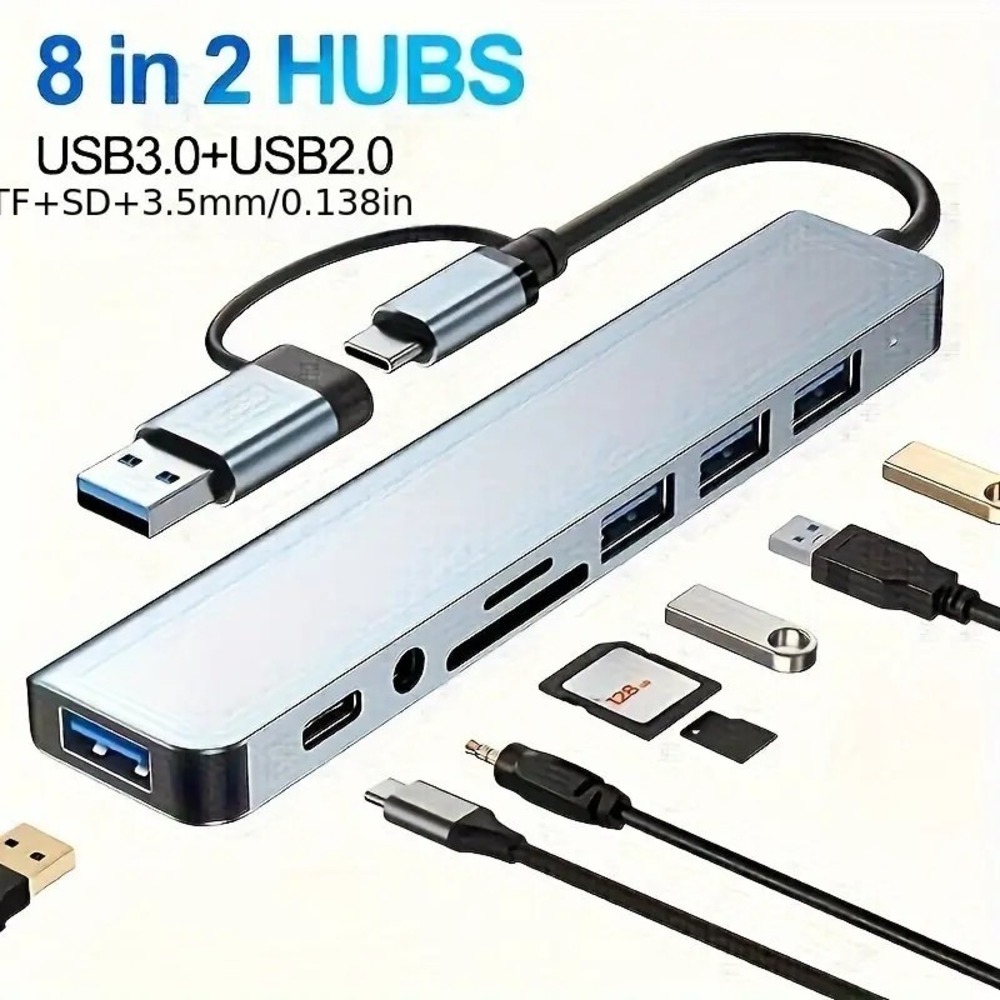 8-in-1 USB Hub with Audio Jack, Multi-Port Adapter for Tablets, USB-Powered, 5V